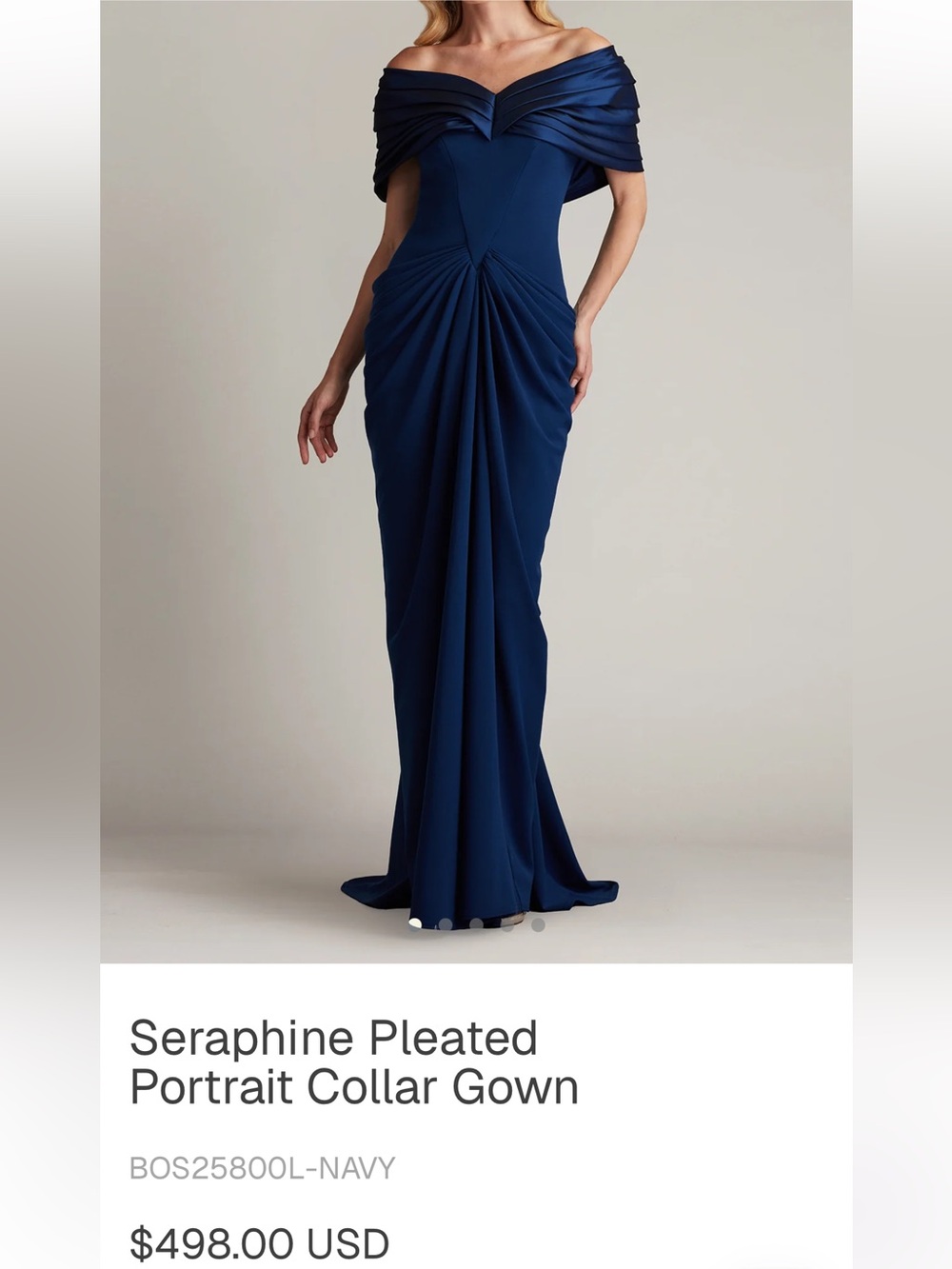Tadashi Shoji Seraphine Pleated Navy Off-Shoulder Maxi Gown Sz 6